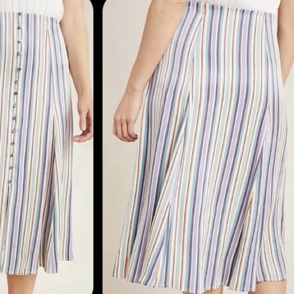 Anthropologie Maeve Satin Purple Green striped Button Front A-line Midi Skirt - Picture 4 of 16